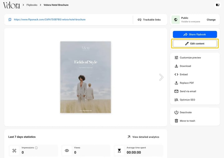 The Overview page of a published flipbook with the Edit content button highlighted, under the blue Share flipbook button