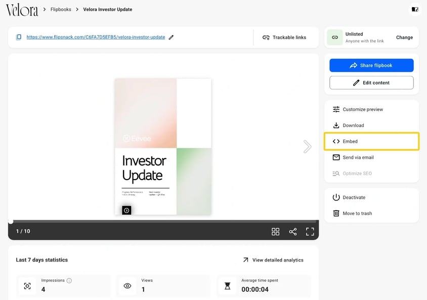 The Embed action on a flipbook Overview page in Flipsnack