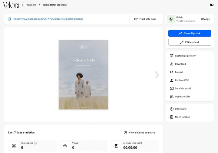 The Overview page of a published flipbook, with the status card reading Public, Visible to everyone at the top right and the public link along the top