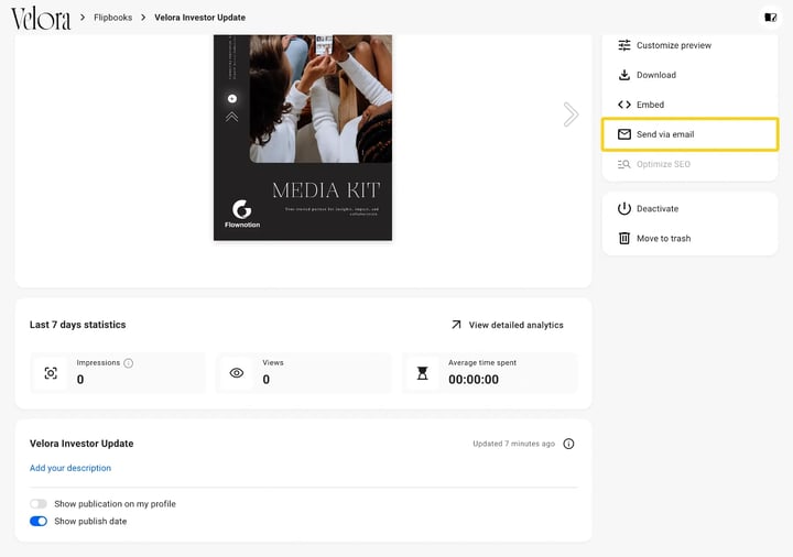 The Overview page of a flipbook in Flipsnack with Send via email highlighted in the action list