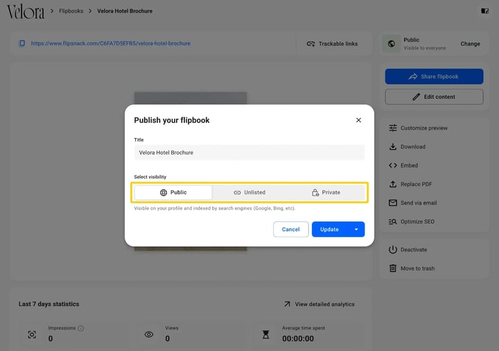 The Publish your flipbook dialog with Public, Unlisted and Private in the Select visibility row, above Cancel and Update