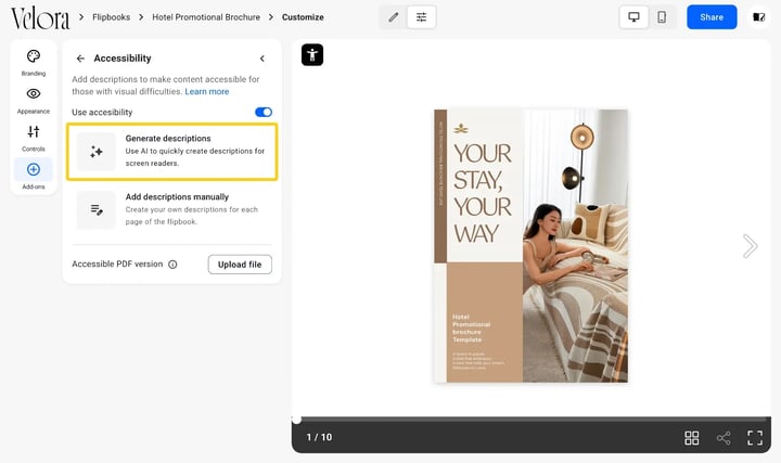 A page description generated with Generate descriptions in the Accessibility section