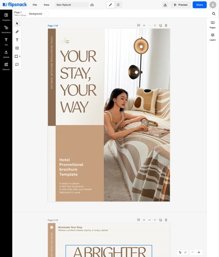 A Design Studio spread showing sequential page numbers on consecutive flipbook pages with the cover excluded
