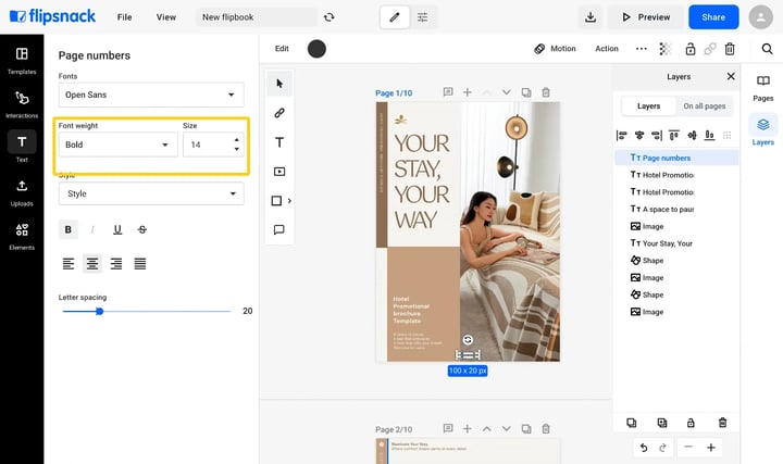 A page number selected in the Design Studio with the Page numbers properties panel open showing font, weight, size and letter spacing