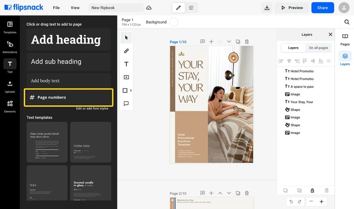 The Text panel in the Flipsnack Design Studio left rail with the Page numbers item highlighted