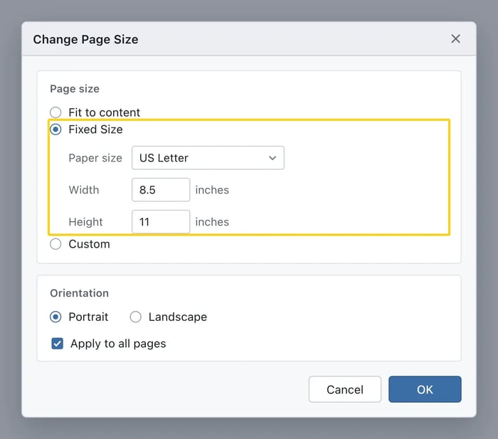 A page-size dialog with Fixed Size selected instead of Fit to content or Custom, Paper size set to US Letter, Width 8.5 and Height 11 inches, Portrait orientation, and Apply to all pages checked.