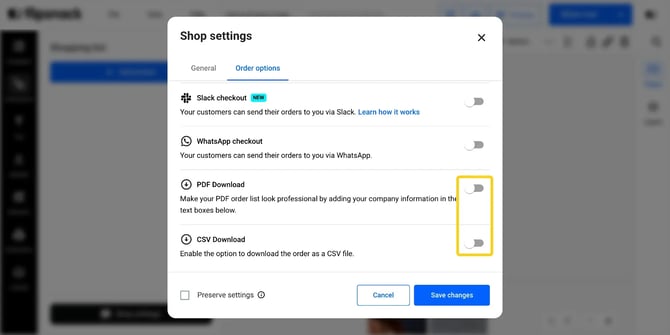 The PDF Download and CSV Download toggles in Order options.