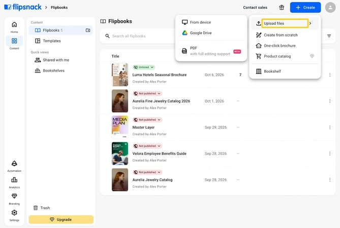 The Create menu in Flipsnack with Upload files highlighted