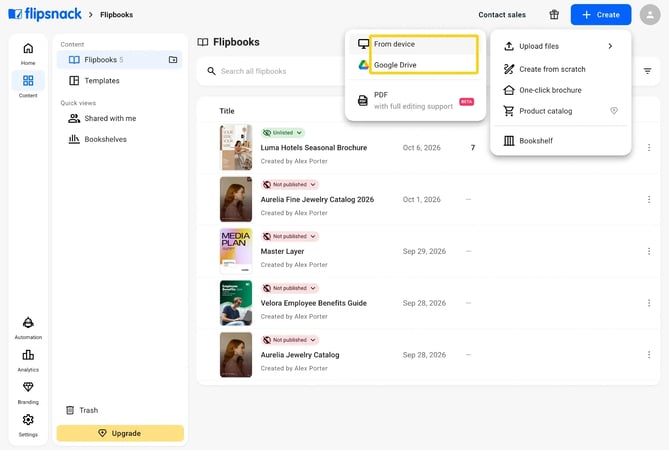 The Upload files submenu with From device and Google Drive highlighted