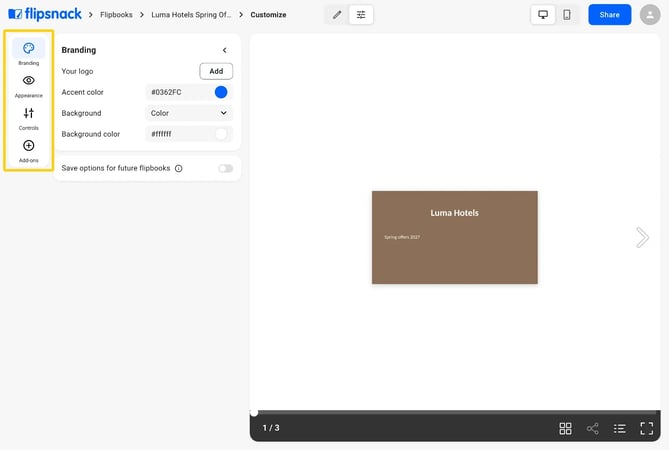 The Customize page with the Branding, Appearance, Controls and Add-ons tabs highlighted