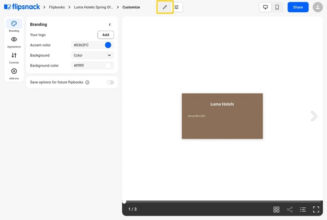 The pencil icon at the top of the Customize page highlighted