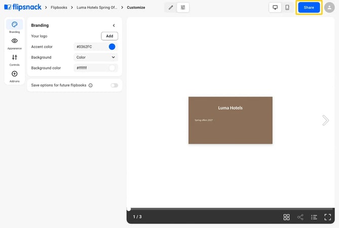 The Share button highlighted at the top right of the Customize page