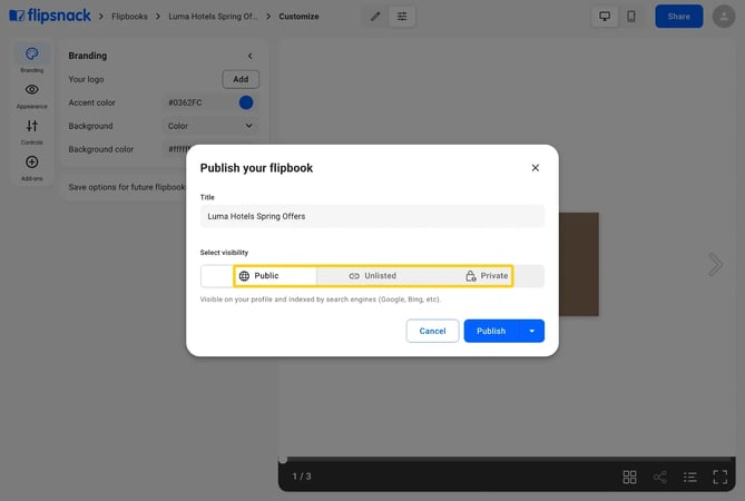 The Publish your flipbook window with the Title field and the Public, Unlisted and Private options highlighted