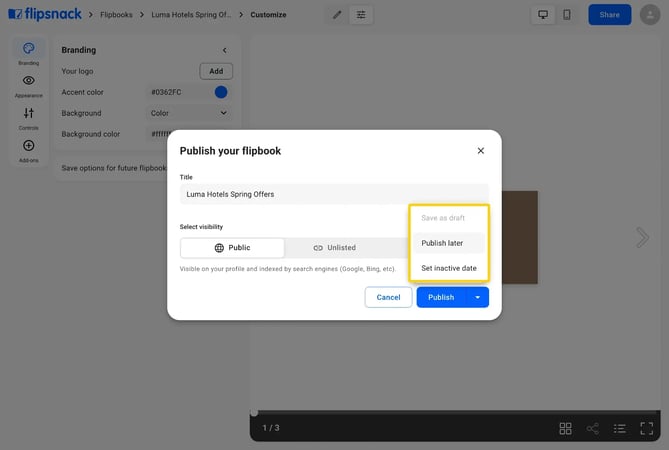 The menu next to the Publish button with Save as draft, Publish later and Set inactive date highlighted