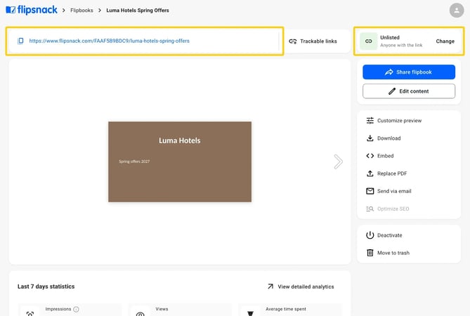 The Overview page of a published flipbook with its link and visibility highlighted