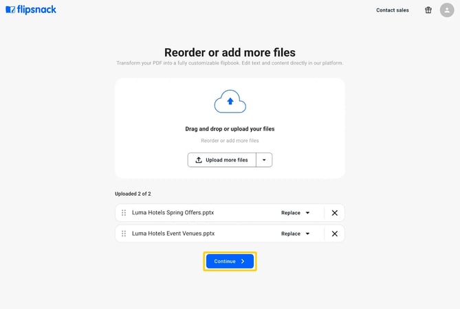 The Reorder or add more files page with two files listed and Continue highlighted