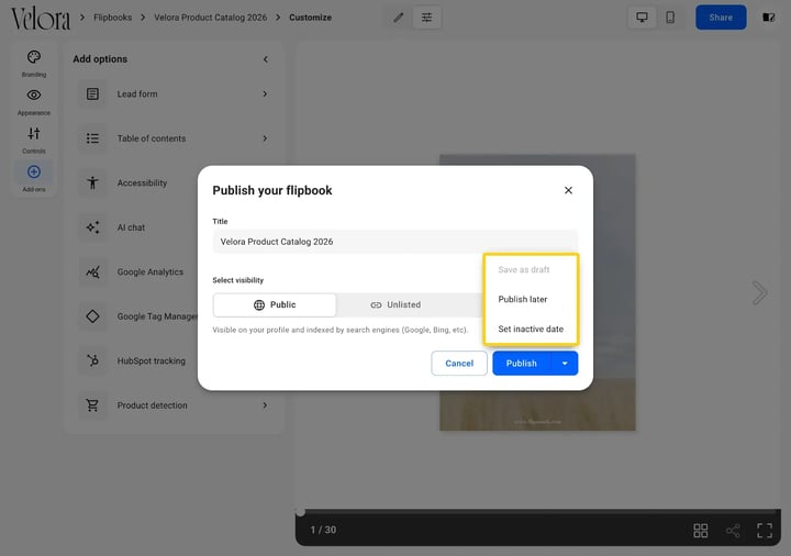 The caret menu beside Publish showing Save as draft, Publish later and Set inactive date