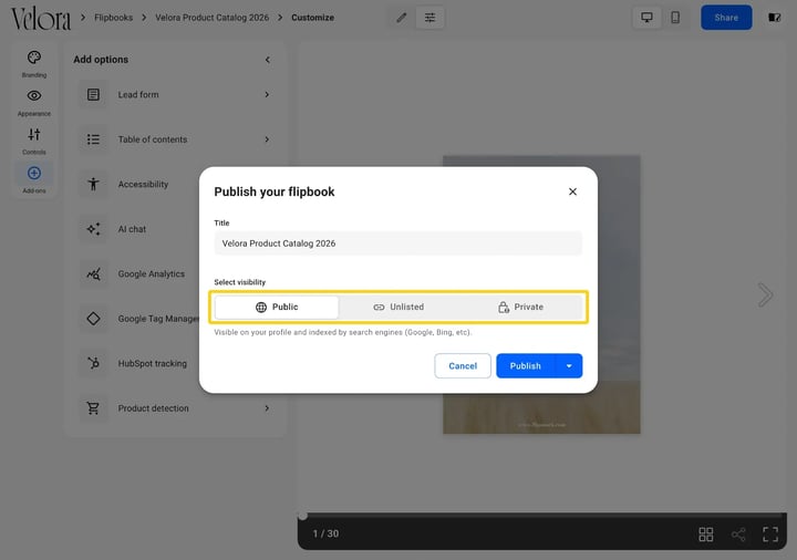 The publish dialog with the Public, Unlisted and Private visibility options