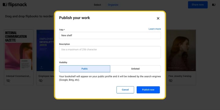 The Publish your work pop-up, with a Title field, a Description field, Public/Unlisted visibility, and the Publish now button.