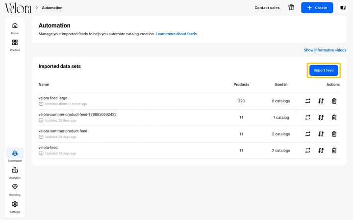 The Automation page in Flipsnack with the Import feed button highlighted above the list of imported data sets