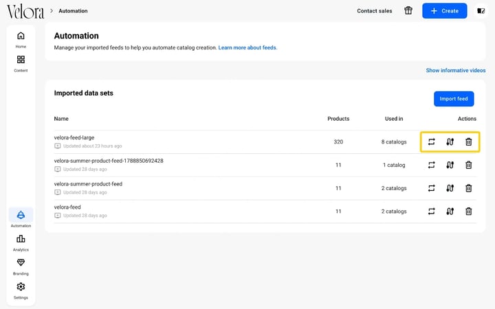 The Automation page in Flipsnack with the Replace, Mapping and Delete icons highlighted in a feed row