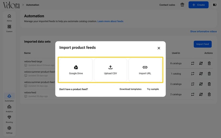 The Import product feeds window in Flipsnack with the Google Drive, Upload CSV and Import URL options highlighted