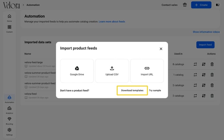 The Import product feeds window in Flipsnack with the Download templates link highlighted