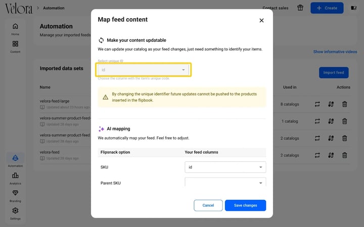 The Map feed content window in Flipsnack with the Select unique ID field highlighted