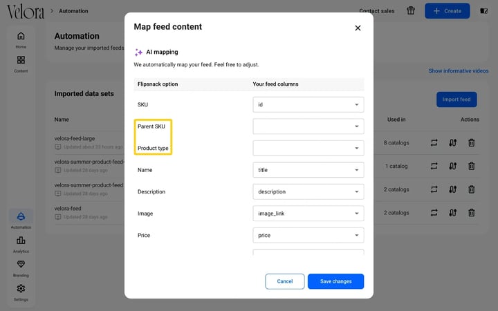 The AI mapping list in Flipsnack with the Parent SKU and Product type options highlighted