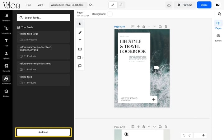 The Automation panel in the Flipsnack Design Studio listing the imported feeds, with the Add feed button highlighted