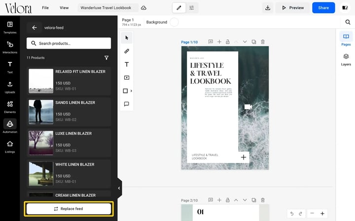 The product list of a feed in the Design Studio Automation panel with the Replace feed button highlighted
