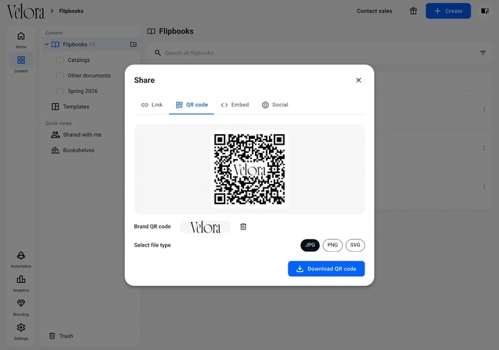 A branded QR code in Flipsnack with a logo in the centre and the JPG, PNG and SVG file type options