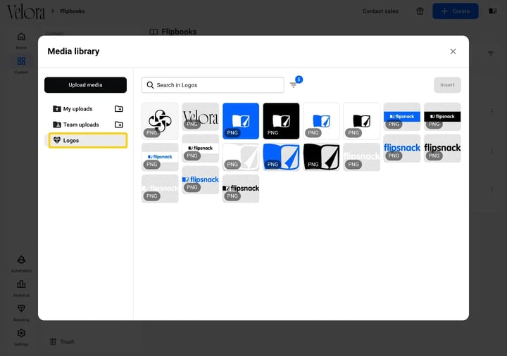 The Media library in Flipsnack with the Logos folder highlighted in the left panel