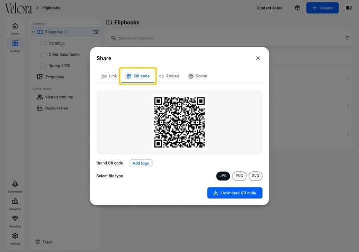 The Share window in Flipsnack with the QR code tab selected, showing the generated code