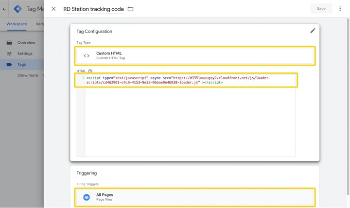 A Google Tag Manager Custom HTML tag with the RD Station tracking code and the All Pages trigger highlighted