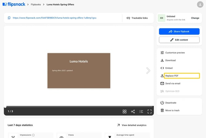 The flipbook Overview page with Replace PDF highlighted in the right panel