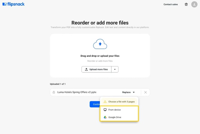 The Replace menu with the Choose a file with 3 pages message and the From device and Google Drive options highlighted