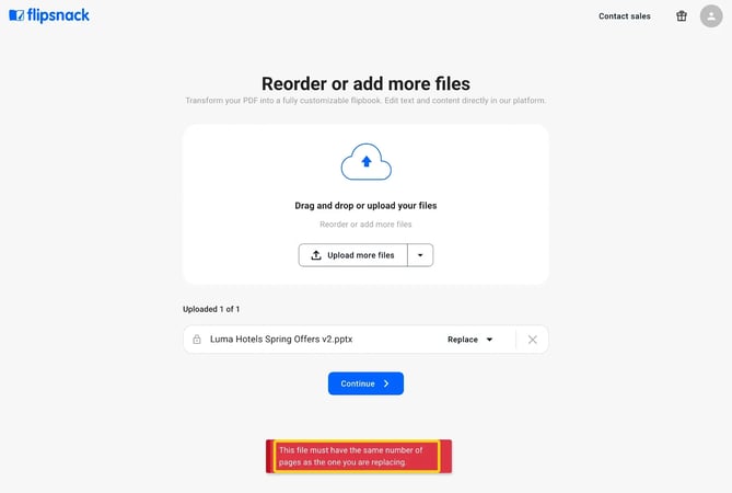The error message about the same number of pages highlighted at the bottom of the upload page