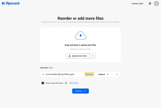 The Replaced tag highlighted next to the file name on the upload page