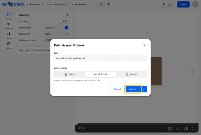 The Publish your flipbook window with the Update button highlighted