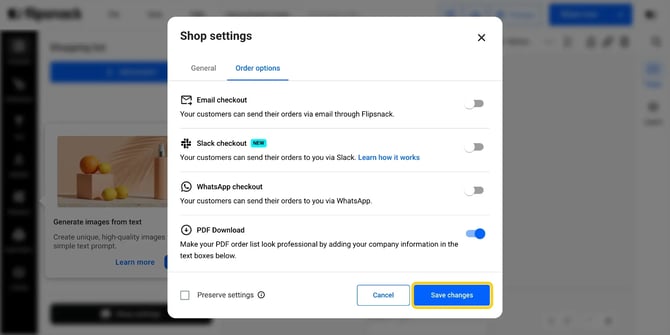 The Save changes button at the bottom of Shop settings.