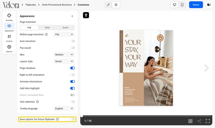 The checkbox for applying current Customize settings to future flipbooks