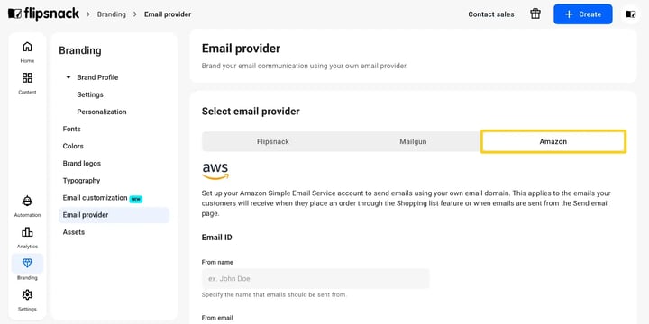The Email provider page under Branding, with the Amazon web services icon selected.