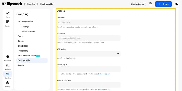 The empty AWS credential form on the Email provider page.