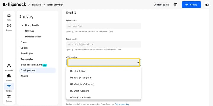 The AWS region dropdown on the Email provider page.