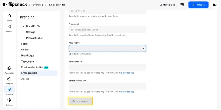 The Save changes button on the Email provider page.