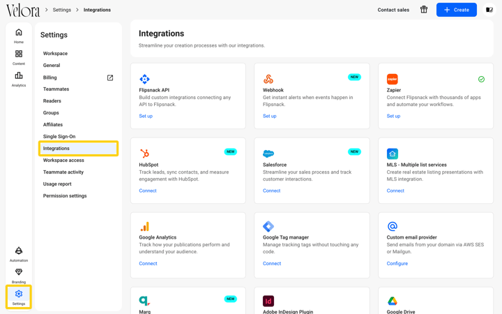 Settings, Integrations page with the Settings icon in the left rail and Integrations in the Settings menu highlighted