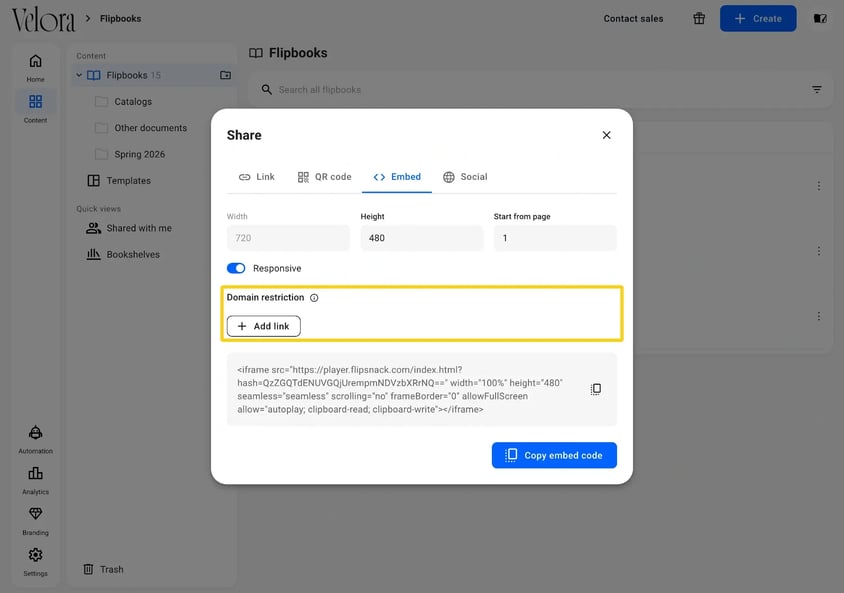The Domain restriction option with its Add link button on the Embed tab in Flipsnack