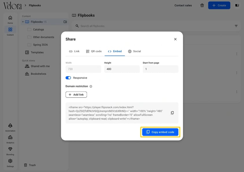The Embed tab of the Share window in Flipsnack with the Copy embed code button highlighted