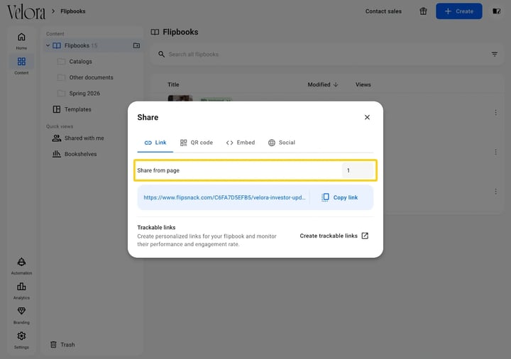 The Share from page field on the Link tab of the Share window in Flipsnack